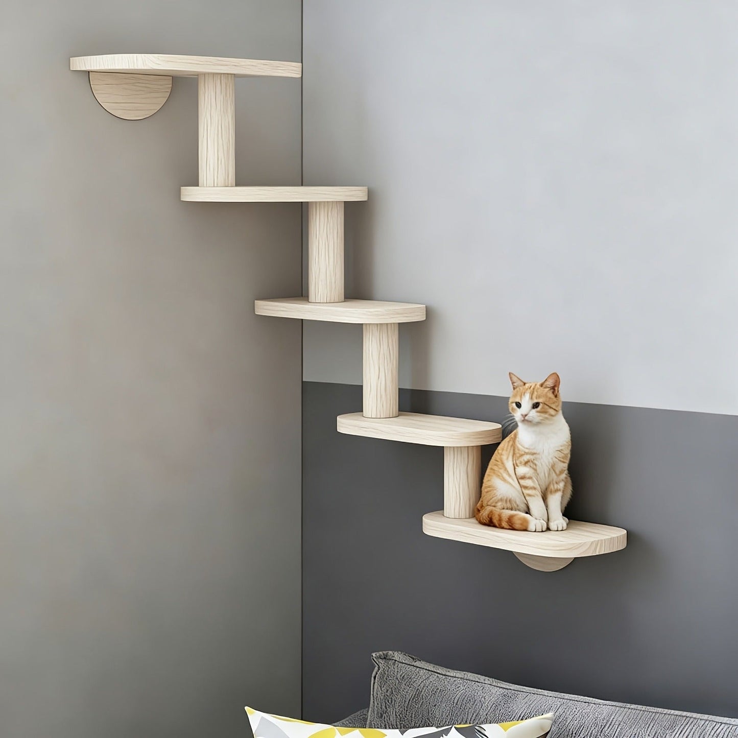 Wall-Mounted Cat Tree 5 Layers Solid Wood Indoor Cat Climbing Frame Jumping Platform Ladder Space-Saving for Small Spaces Multi-Cat Homes Living Room Bedroom Balcony