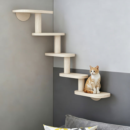 Wall-Mounted Cat Tree 5 Layers Solid Wood Indoor Cat Climbing Frame Jumping Platform Ladder Space-Saving for Small Spaces Multi-Cat Homes Living Room Bedroom Balcony