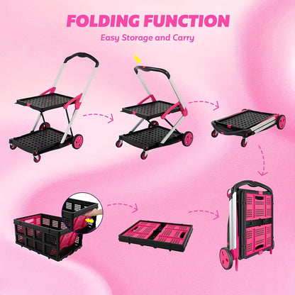 Collapsible Utility Cart Foldable Shopping Trolley 4-Wheel 360° Swivel Locking Brake Portable Dolly for Grocery Mall Camping Pink Purple