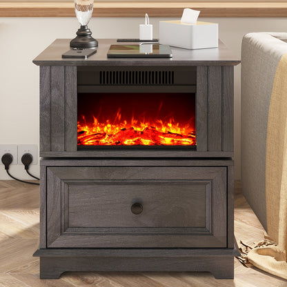 Electric Stove Heater End Table Rotatable Fireplace Side Table 1400W 4800 BTU Indoor Heater with Storage Cabinet Nightstand Overheat Protection