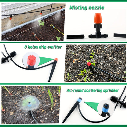 226-Foot Drip Irrigation Kit with Adjustable Emitters, Misting Nozzles and Garden Watering Fittings