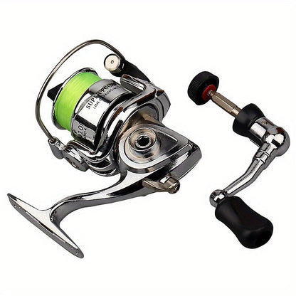 Mini Spinning Fishing Reel with Folding Handle, Green Line Spool and Compact 9 x 9 x 8 cm Profile