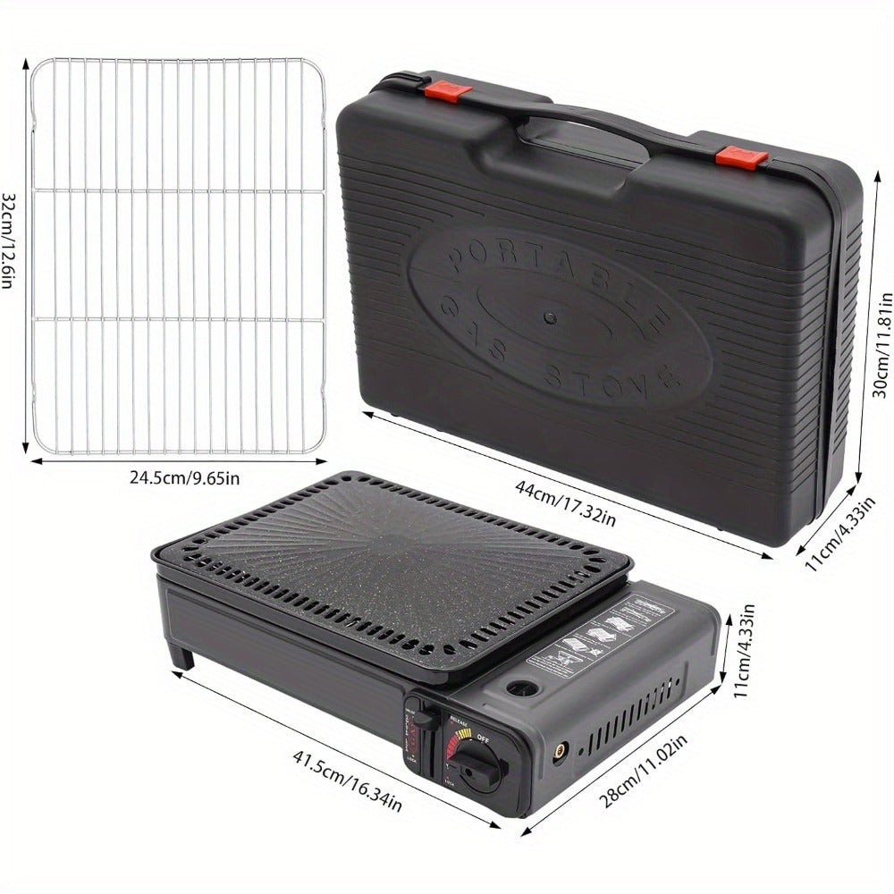 Black Dual-Fuel Tabletop Camping Grill Stove with Butane and LPG Inlets, 41.5 x 28 cm Body and Carrying Case