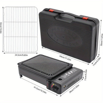 Black Dual-Fuel Tabletop Camping Grill Stove with Butane and LPG Inlets, 41.5 x 28 cm Body and Carrying Case