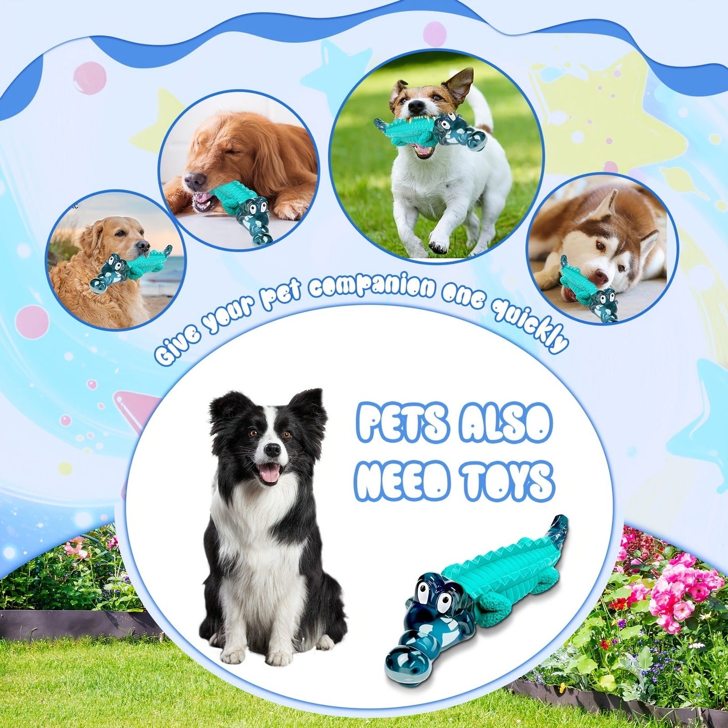 Dog Toy Blue Rubber Crocodile Chew Design with Milk Flavor, Raised Ridges and 20-100 lb Guidance