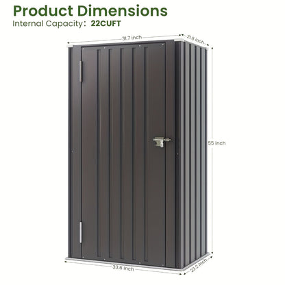 Metal Outdoor Storage Cabinets with Shelf-Equipped Tall or Low Models and 3 x 2 x 4.6 Ft Shed Option