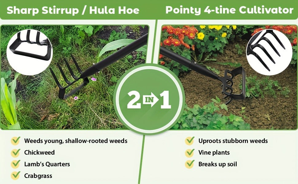 2-in-1 Garden Hand Tool with Stirrup Hoe, Four-Tine Cultivator and 62-, 73- or 82-Inch Sectional Handle