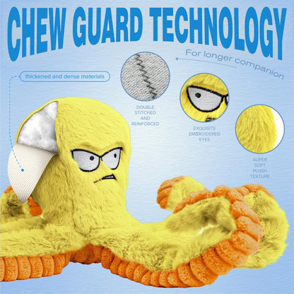 Dog Toy Octopus Plush with Built-In Squeaker and Crinkle Texture in Blue or Yellow with 1, 2 or 4-Pack Options