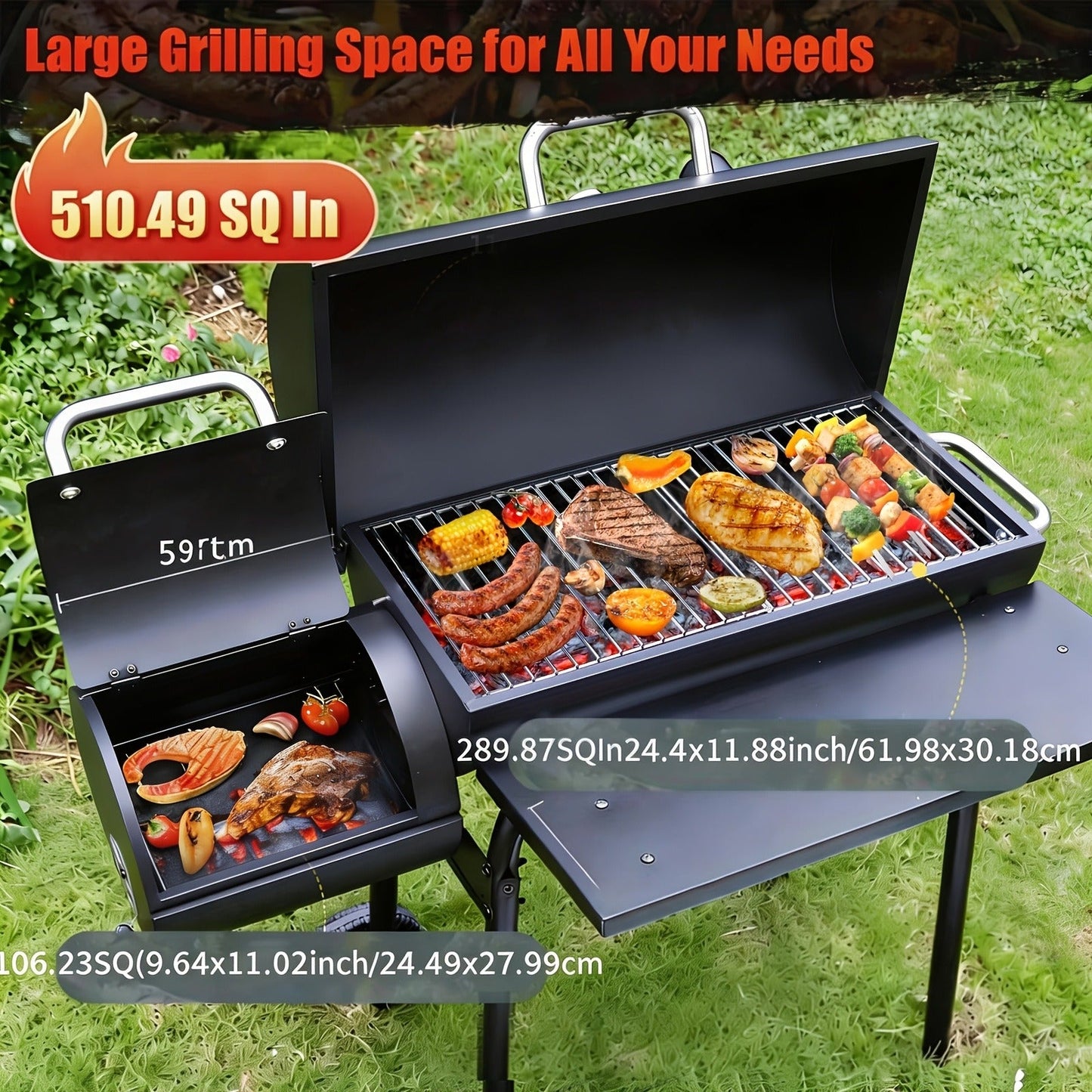 Charcoal Grill with Offset Smoker, Barrel BBQ Smoker Grill Combo for Backyard & Patio, Heavy-Duty Outdoor Charcoal Smoker with Side Firebox for Smoking, Grilling & BBQ Parties