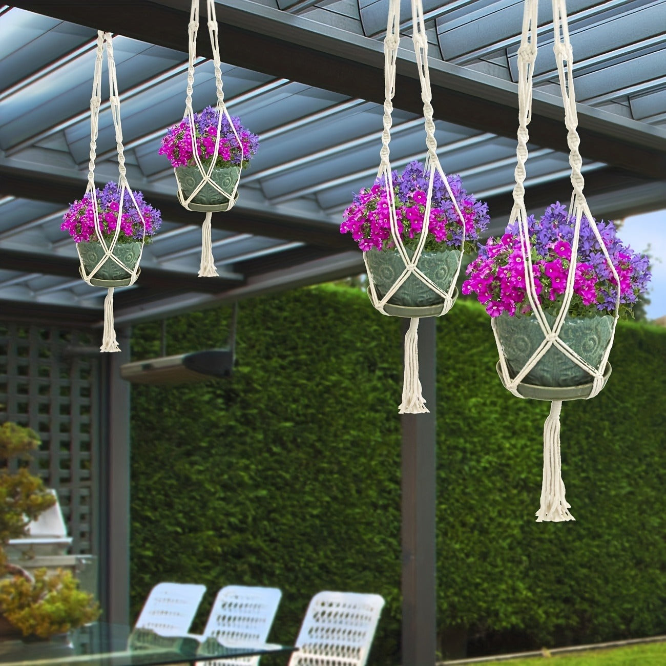 Four-Piece Macrame Plant Hanger Set in White, Black or Natural Rope with Woven Pot Holder Designs