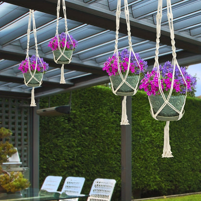 Four-Piece Macrame Plant Hanger Set in White, Black or Natural Rope with Woven Pot Holder Designs