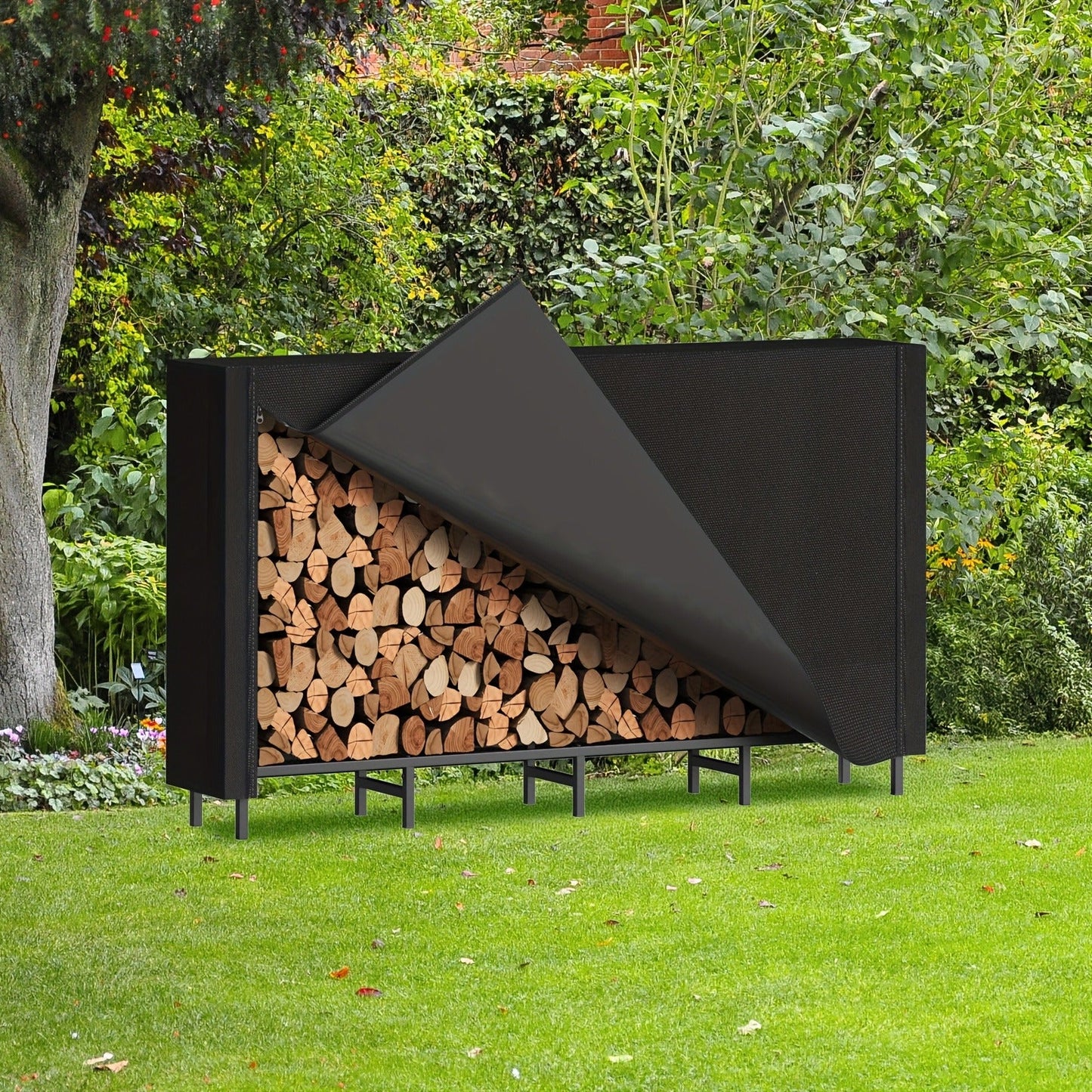 Firewood Rack Heavy Duty Adjustable — Outdoor & Indoor Log Holder with Cover, A-Frame Steel Wood Storage Stand for Fireplace, Patio, Cabin
