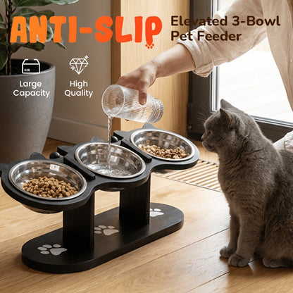 Elevated Cat Bowl Stand with Tilted Stainless Steel Bowls - Adjustable Raised Feeder, Anti-Spill, Black Wood Base for Cats & Small Dogs