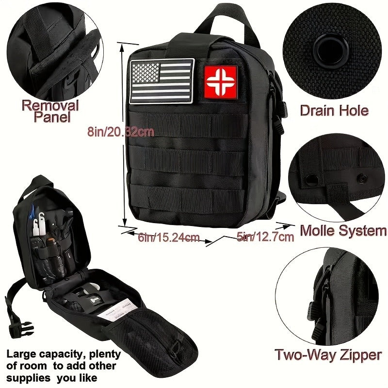 Emergency Survival Kit with MOLLE-Style Bag, Pictured Multi-Tool and First-Aid Assortment in Two Colors
