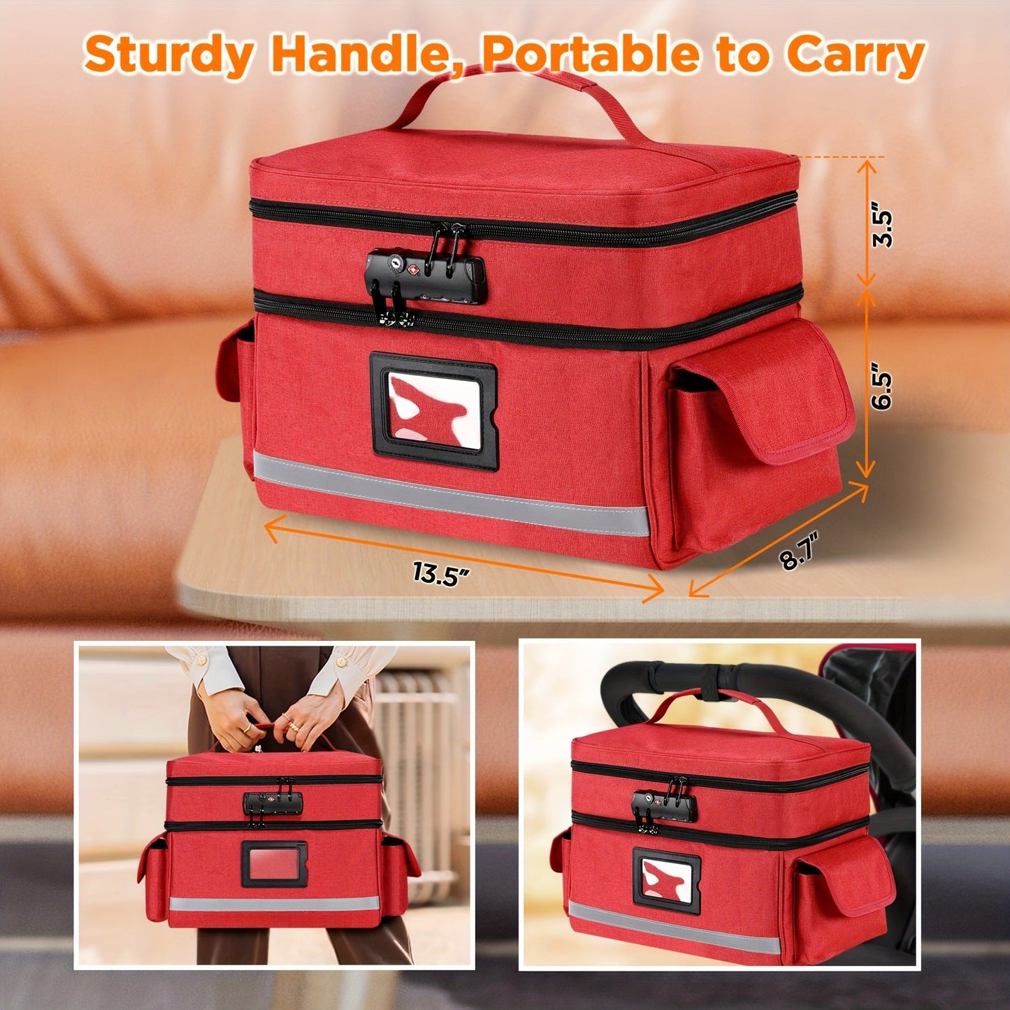 Lockable Medicine Organizer Bag with Combination Lock, Double-Layer Large Capacity Pill Bottle Storage Case for Prescription Bottles First Aid Supplies Home Travel, Portable Medication Carry Bag Red Grey Black