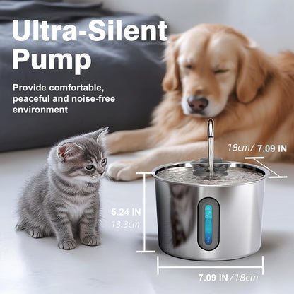 2.2L Pet Water Fountain with Stainless-Steel-Marked Basin, Water Window and 2+2 or 8+8 Filter Bundles