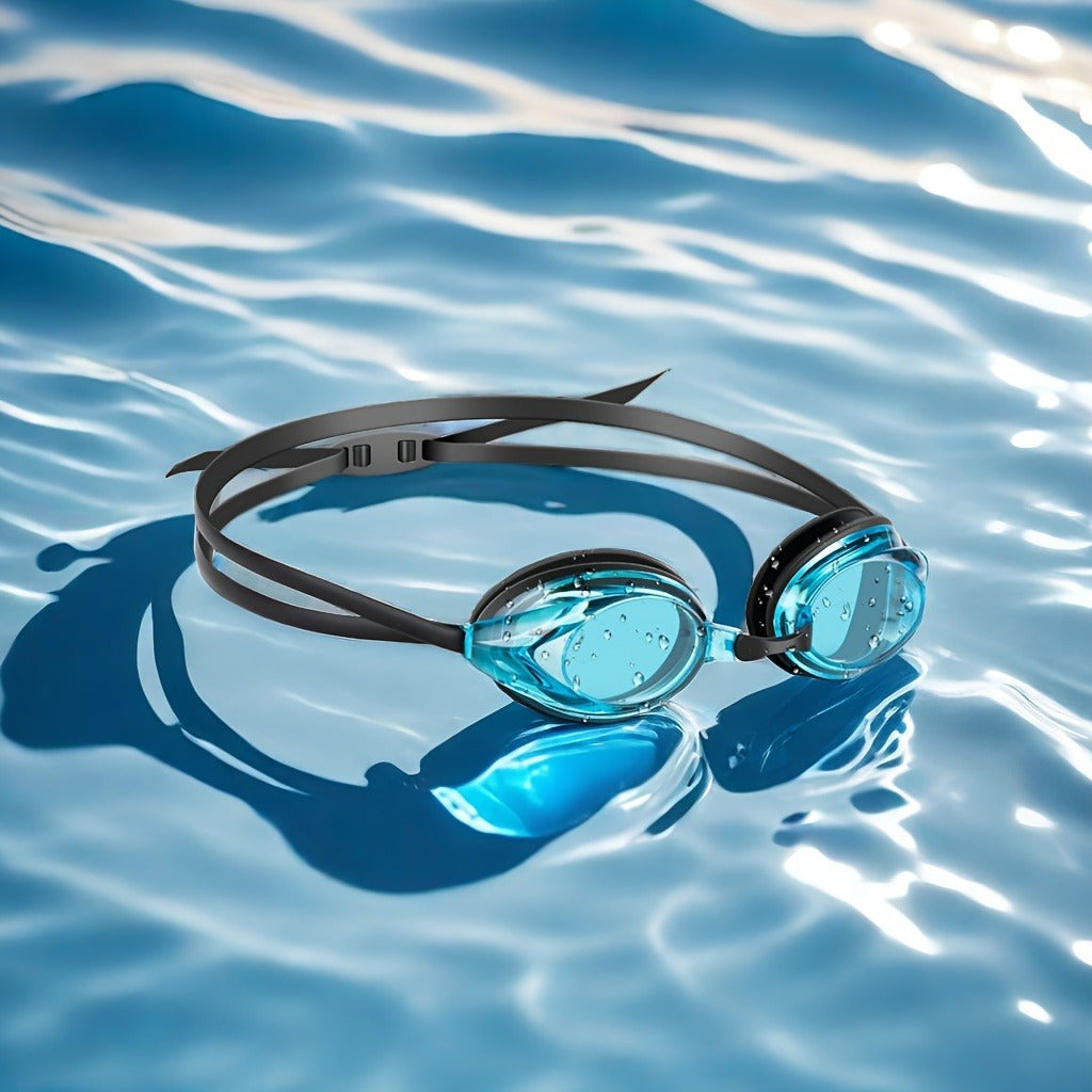 Blue and Pink Swimming Goggles with Rounded Lens Frames, Dual Split Head Straps and One Indoor Style Option