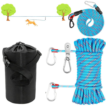 Overhead Dog Trolley System 75ft - Heavy Duty Reflective Cable Runner, Supports Up to 200lbs, Portable Easy Setup for Yard, Park, Camping & Hiking, Black & Blue, Outdoor Dog Run