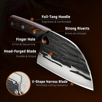 Serbian-Style Meat Cleaver with 6.5-Inch Blade, Wood Handle, Full-Tang Rivets and Leather Sheath