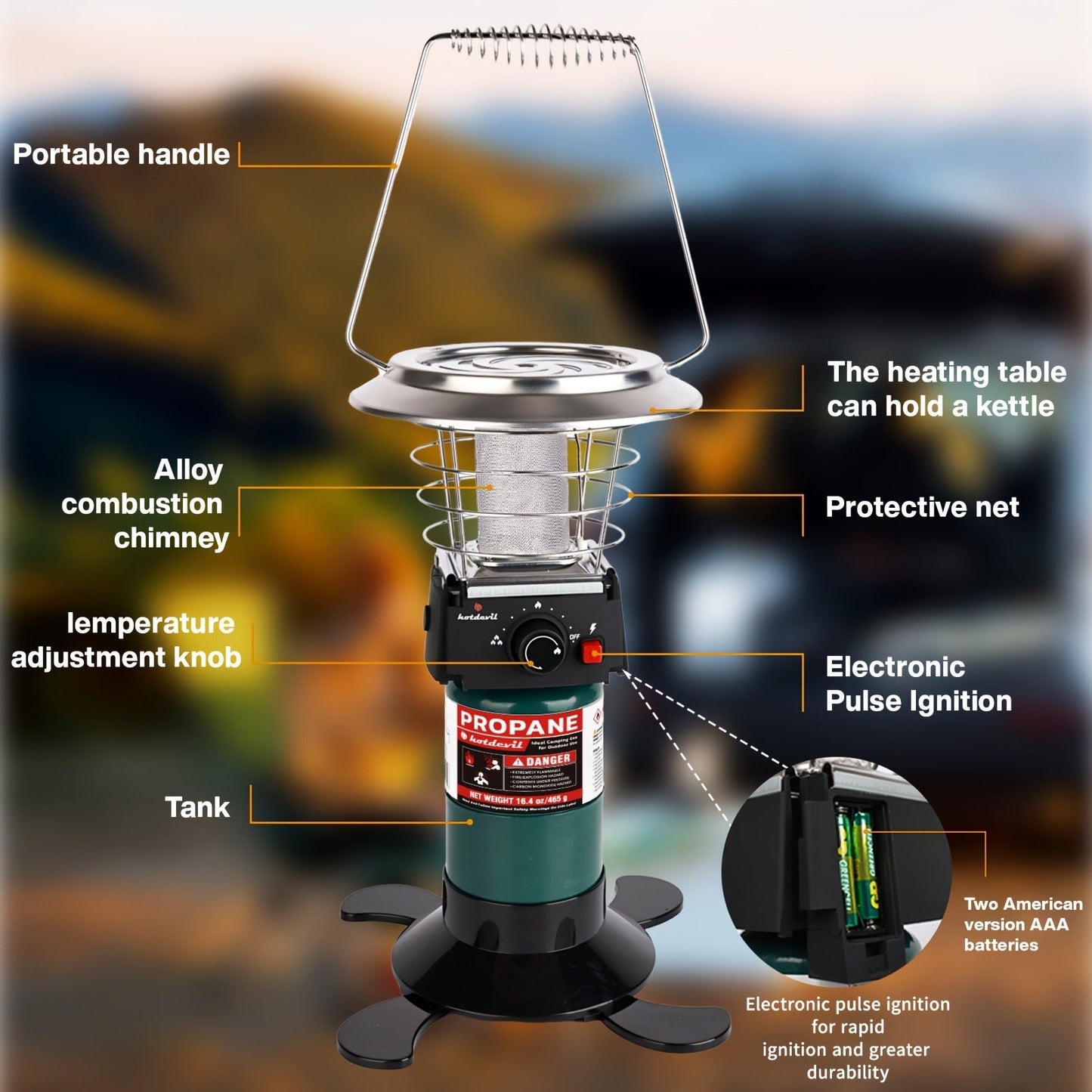 360-Degree Propane Heater with Four-Leg Base, Carry Handle, Pulse Ignition and Removable Top Plate