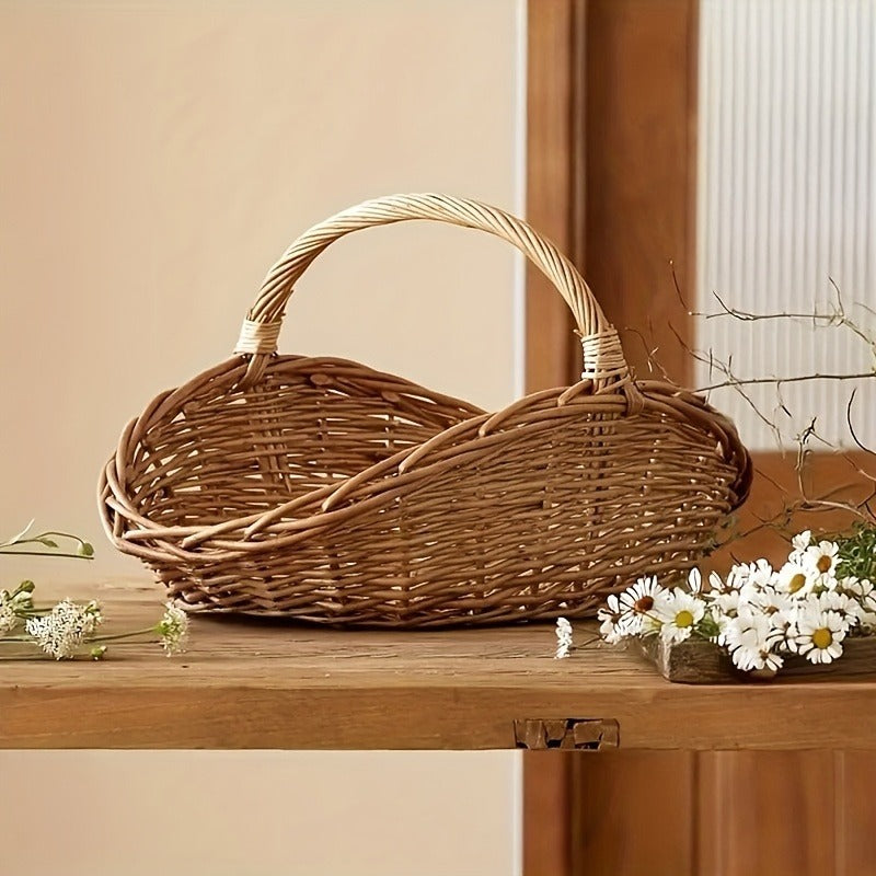 Natural Wicker Basket with Thick Walls – Handmade Farmhouse Storage Organizer for Flowers, Fruits & Vegetables, Rustic Indoor Outdoor Decor, 1 Piece