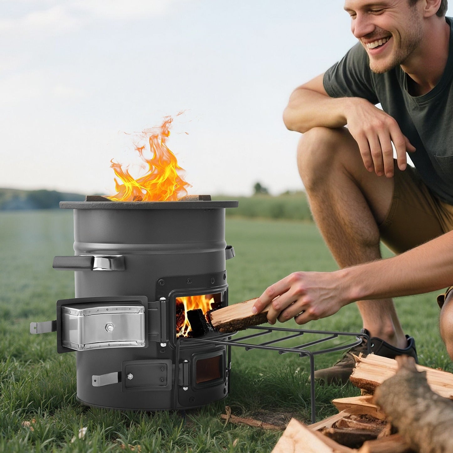 Wood Burning Rocket Stove Portable Camping Stove with Cast Iron Top, Double Door, Fireproof Lining, 16 lbs Lightweight, Canvas Bag Included, Charcoal Compatible