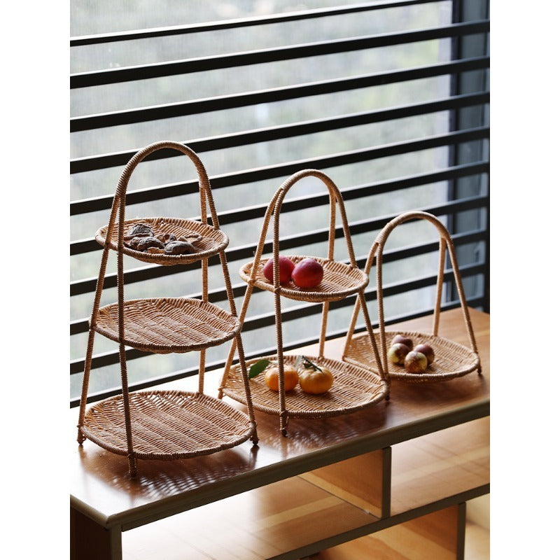 Tiered Serving Tray Rattan Style Round Multi-Layer Fruit Snack Display Stand for Parties Weddings Buffets Nuts Desserts Space-Saving Elegant