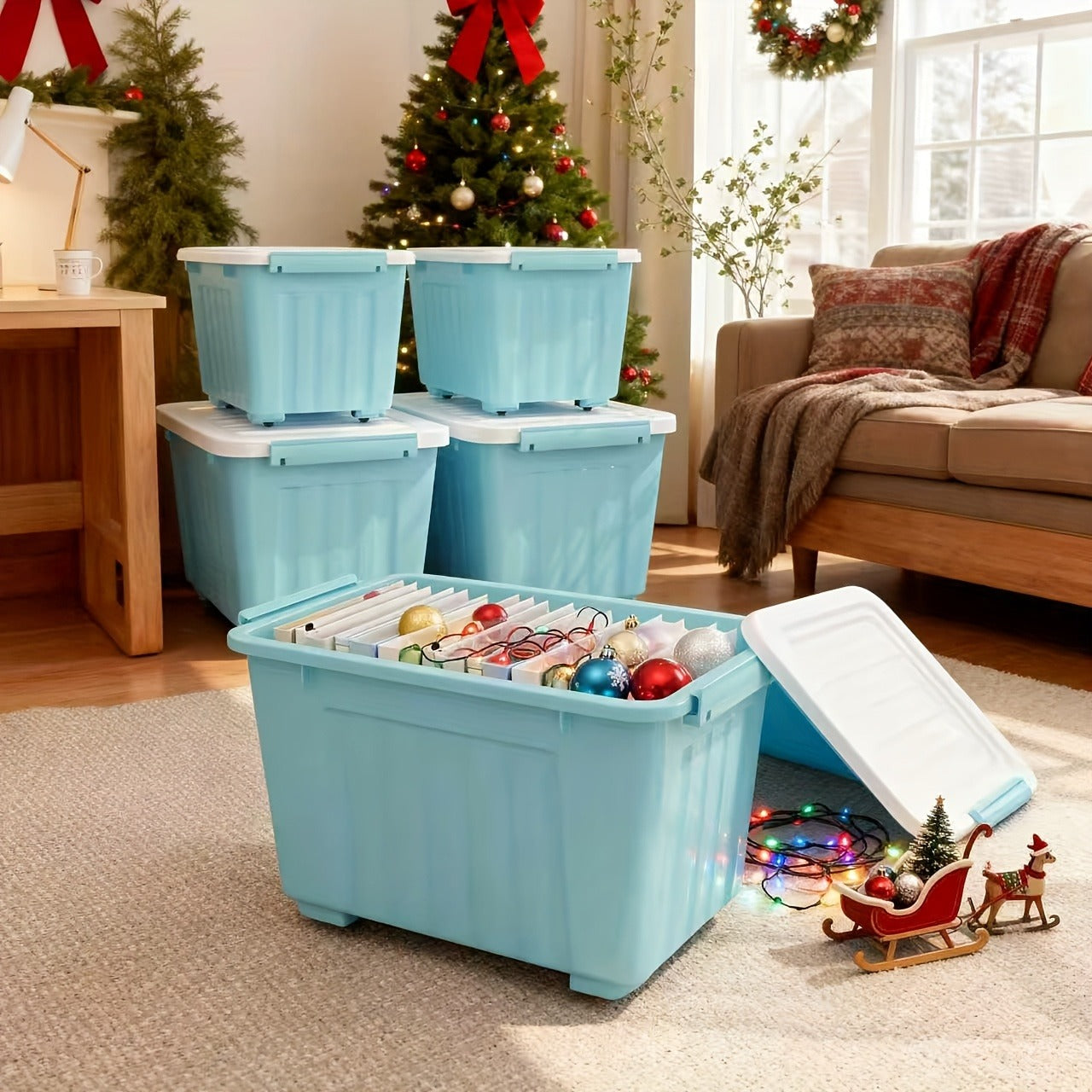 Storage Containers with Lids and Wheels | Stackable 72QT & 97QT Plastic Bins | 4 or 6 Pack | Locking Lid | Clear, Pink/White, Gray/Yellow | Home Garage