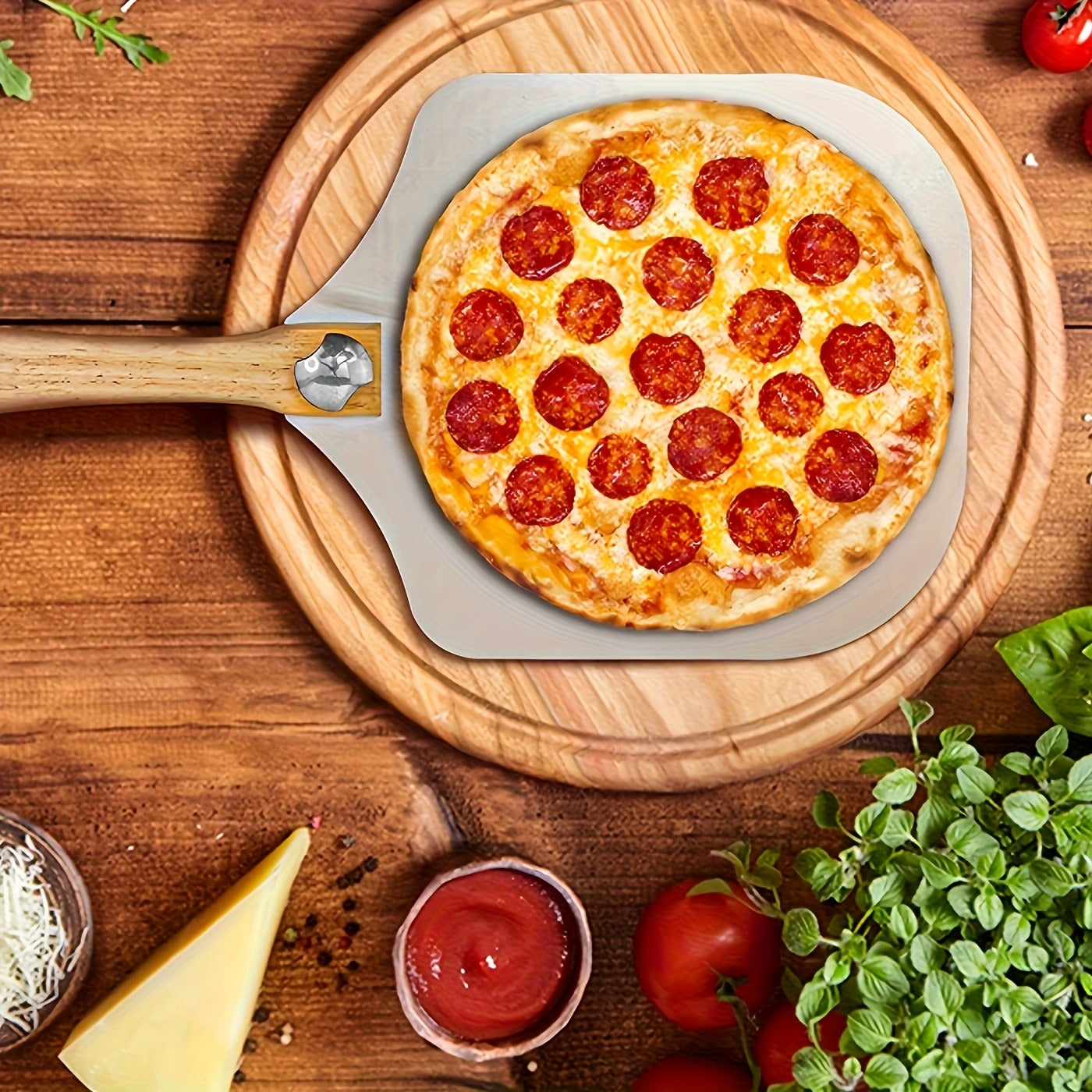 Seven-Piece Pizza Baking Set with Round Stone, Metal Peel, Rocker Cutter, Server, Brush and Gloves