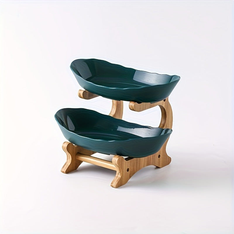 White or Green Countertop Display Stand with Two- or Three-Tier Curved Trays and Wood-Look Supports