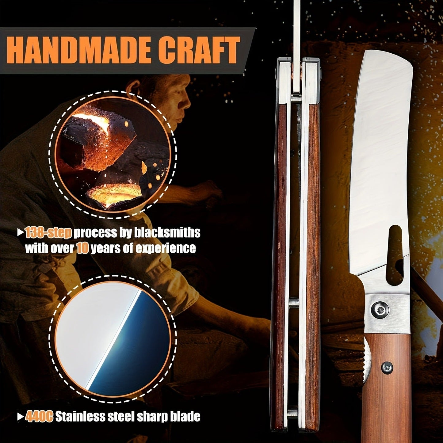 Folding Knife Nakiri 440C Stainless Steel – Ultra-Sharp Portable Chef Knife with Cocobolo Wood Handle & Liner Lock | Handcrafted Camping BBQ Kitchen Vegetable Knife Gift 12-Month Warranty