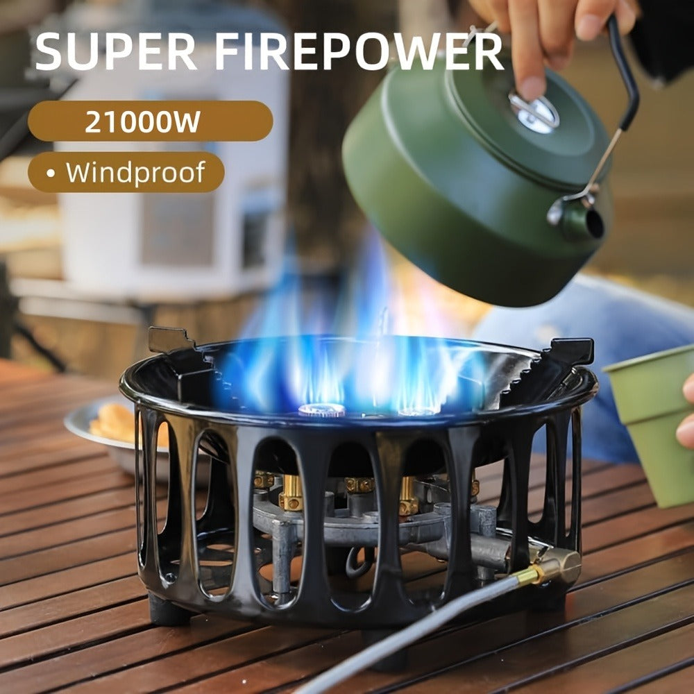Windproof Camp Stove 21000W Collapsible | Seven Star Camping Gas Stove with Piezo Igniter & Fuel Canister Adapter | Butane Isobutane Propane | For Hiking Backpacking Picnic