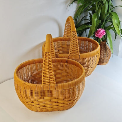 Rattan Basket Woven Shopping Basket with Handle – Extra Large Handcrafted Picnic Basket for Fruits, Eggs, Vegetables, Farmers Market & Shelf Storage, 36×28×20cm