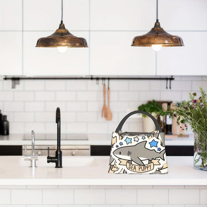 Gray Shark-Pattern Lunch Bag with Twin Handles, Zip Top and Structured Rectangular Carrying Shape