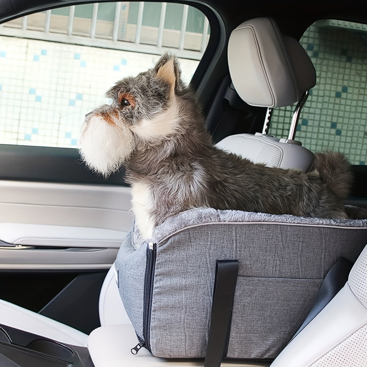 Open-Top Pet Carrier Car Seat Tote with Padded Rim, Attachment Straps, Interior Clip and Grey Fabric Exterior