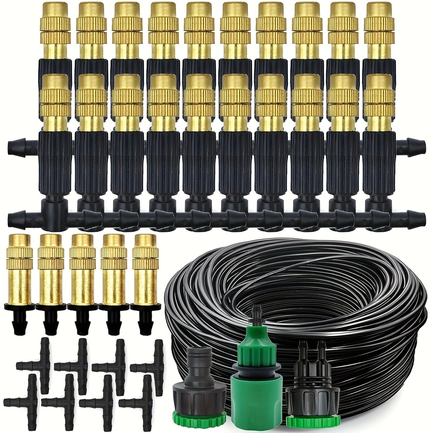 Outdoor Misting Cooling System 15m - 1/4" Brass Nozzles, 4/7mm Hose, Patio Garden Greenhouse