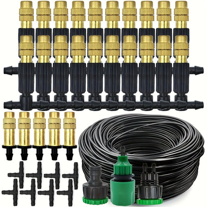 Outdoor Misting Cooling System 15m - 1/4" Brass Nozzles, 4/7mm Hose, Patio Garden Greenhouse