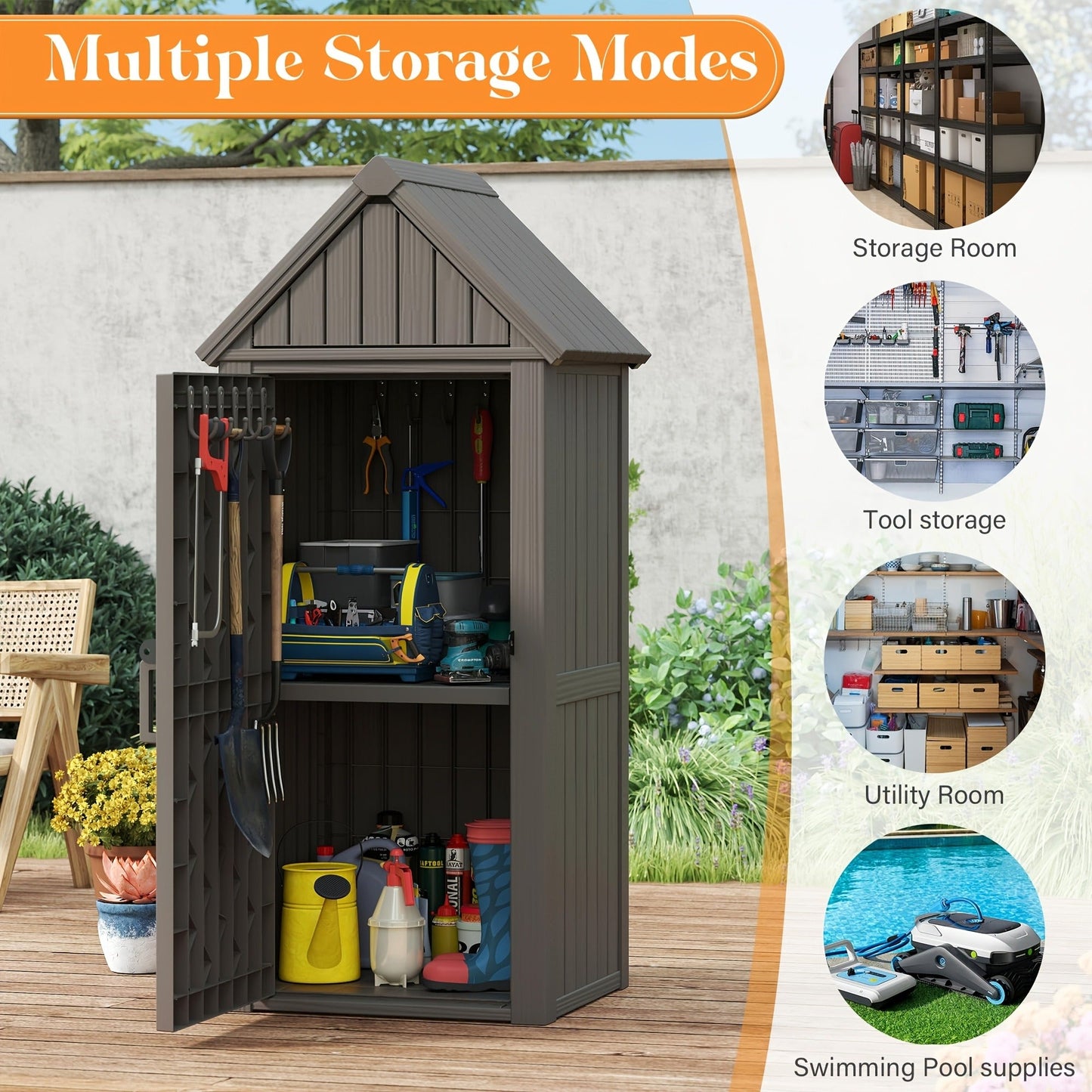Tall Resin Outdoor Storage Shed with Sloped Roof, Lock-Ready Door and Interior Hooks in Black or Brown
