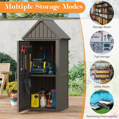 Tall Resin Outdoor Storage Shed with Sloped Roof, Lock-Ready Door and Interior Hooks in Black or Brown