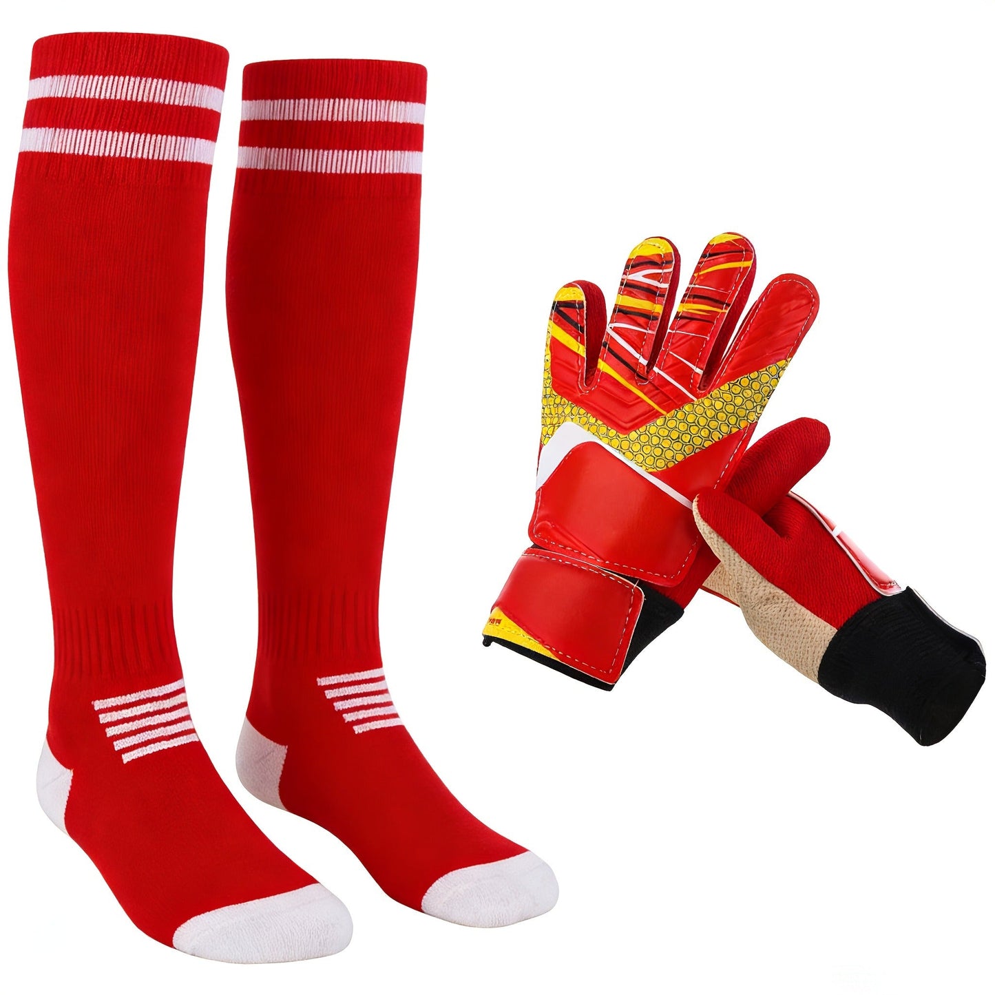 Goalkeeper Gloves with Finger Protection Thickened Latex Anti-Slip + Football Socks Set Adult Men Women Professional Soccer Goalie Gloves Red Sizes 6-10