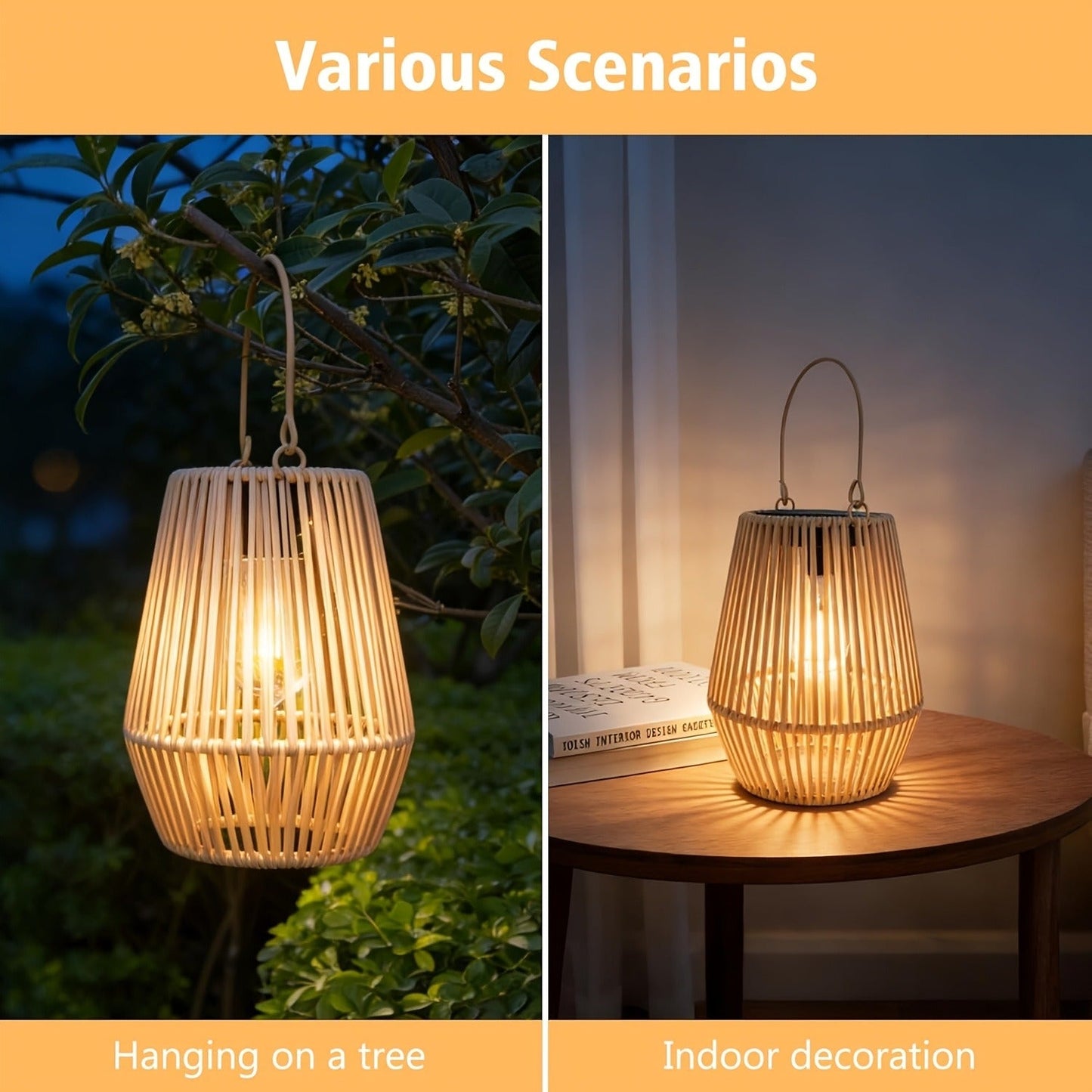Solar Outdoor Lights Bohemian Bamboo Hanging Lanterns, Warm White, 1/2/4 Piece Sets for Patio Decor