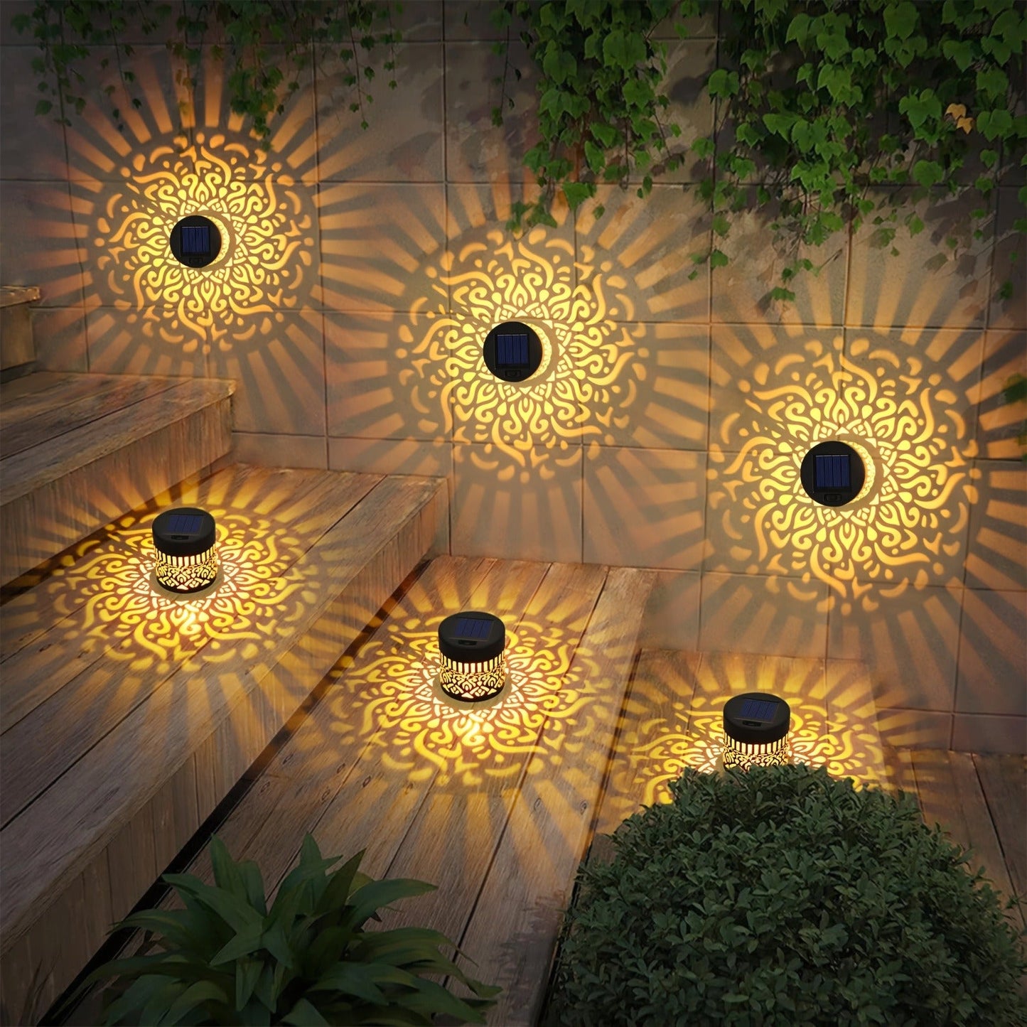 Solar Garden Lights IP65 Mandala Metal Wall Lanterns with Pattern Projection in 1/2/4 Packs for Fence Decor