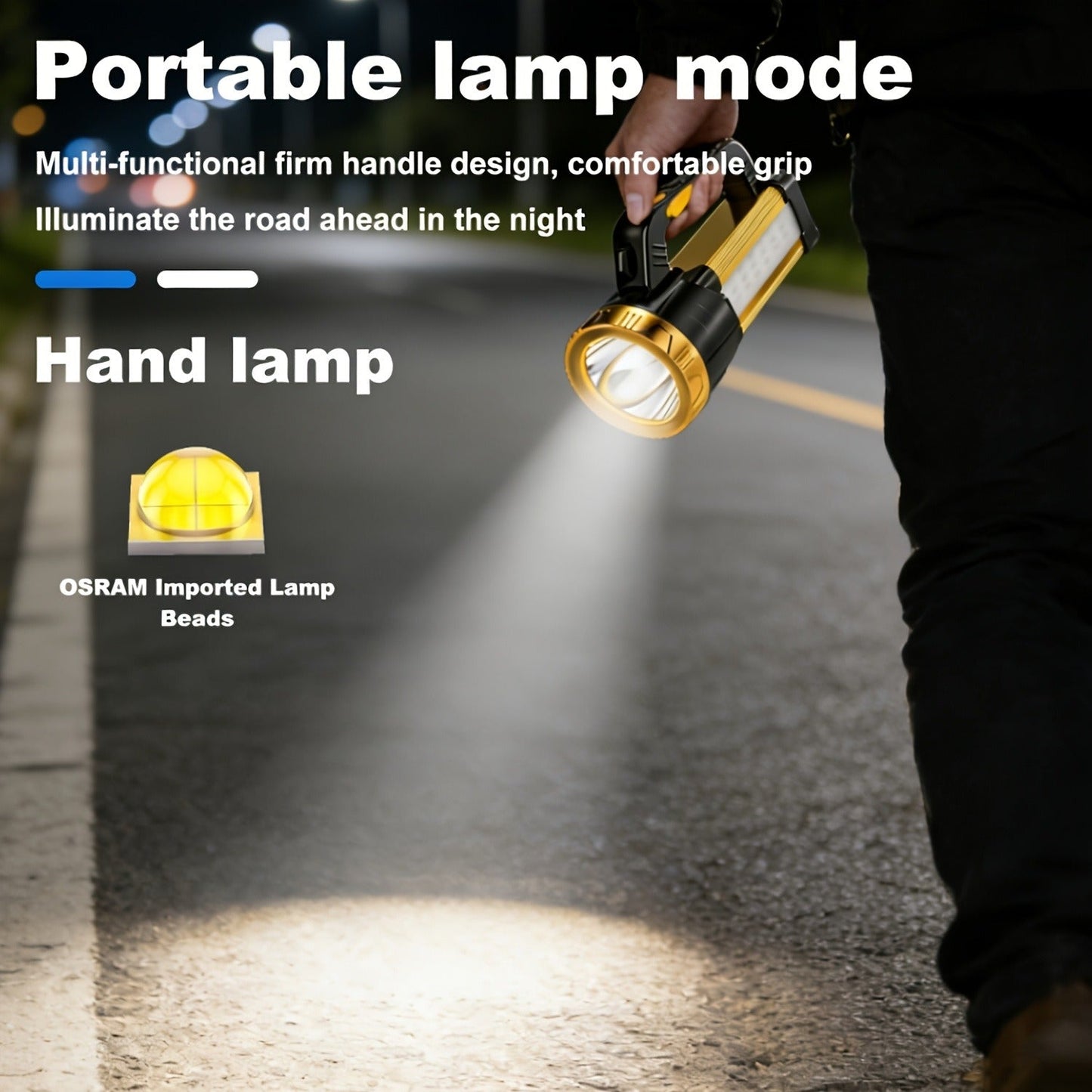 Flashlight 2000-Lumen Rechargeable Searchlight with 2400mAh Battery, Side Lantern and USB Output