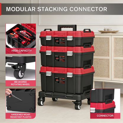 Rolling Tool Box with Wheels 3-Tier Stackable Organizer | Lockable Compartments, Connected Storage, 17" Large Plastic Toolbox for Garage, Home & Professional Work