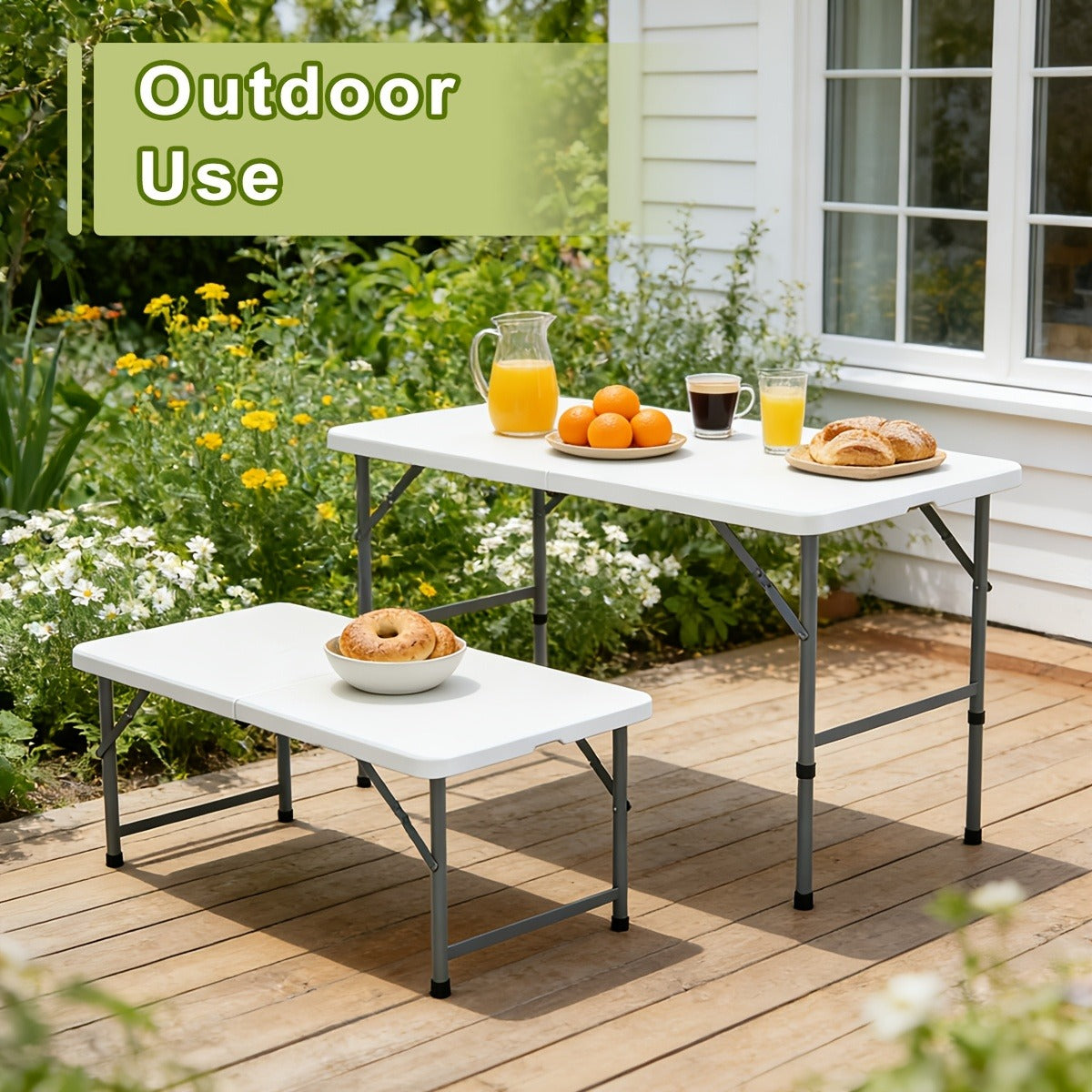 Folding Table 4ft and 6ft White Plastic Top with Black Metal Legs, Carry Handle and Adjustable Height