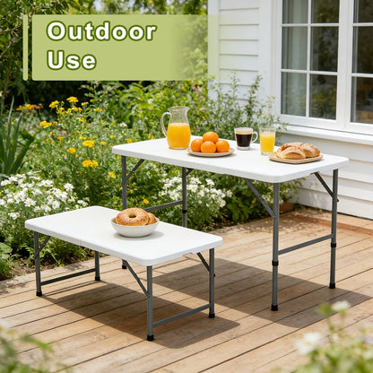 Folding Table 4ft and 6ft White Plastic Top with Black Metal Legs, Carry Handle and Adjustable Height