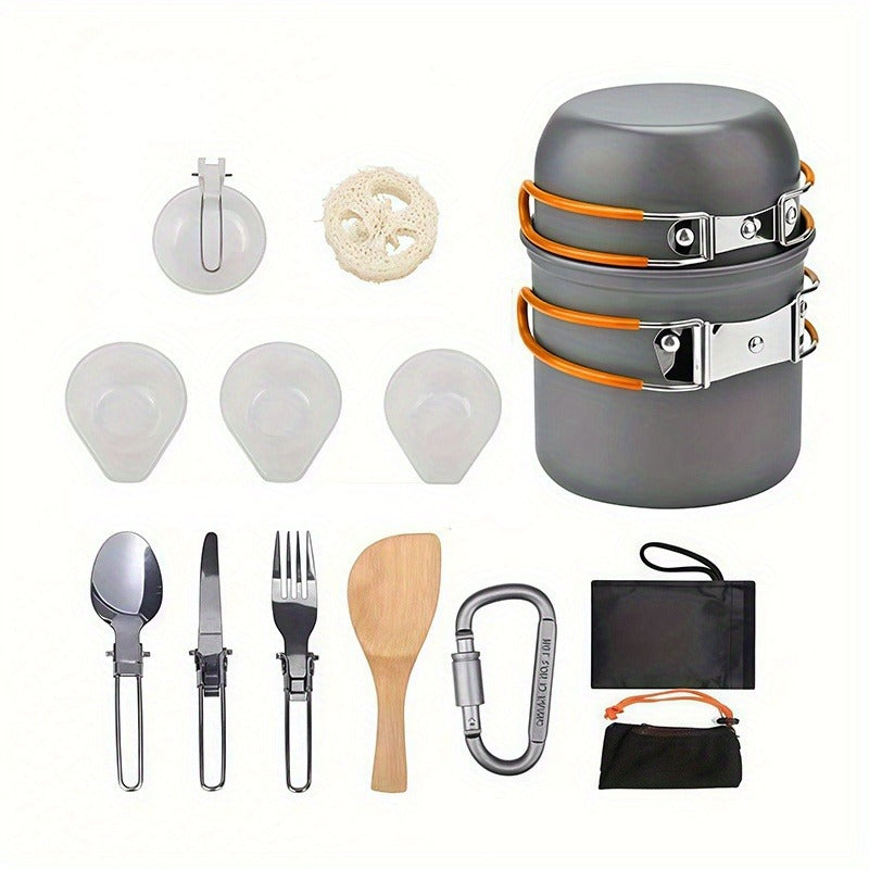 Stainless Steel Camping Cookware Set Portable Outdoor Cooking Pot with Foldable Storage Knives Forks Lightweight Compact for Backpacking Hiking Picnic Travel Orange Green Gift Ready