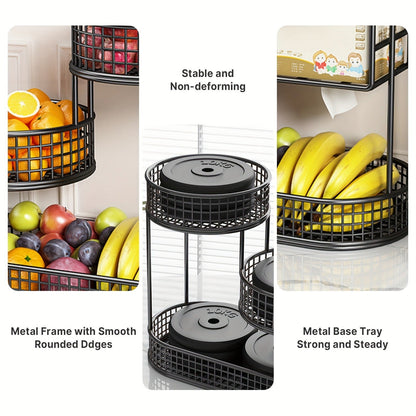 Three-Tier Black Wire Fruit Basket with Staggered Round Bowls and Rectangular Countertop Base