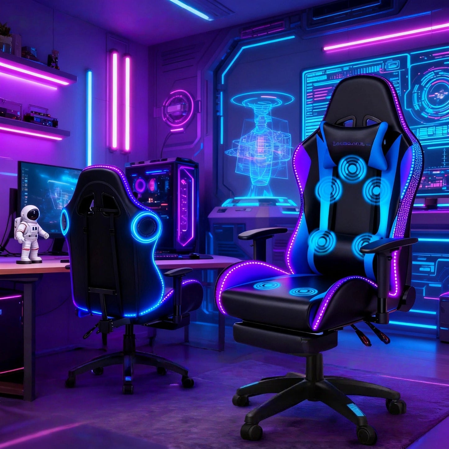 Gaming Chair with Massage and Bluetooth Speaker – RGB LED Lights, 135° Reclining with Footrest, 7-Point Vibration, 3D Adjustable Arms, 360° Swivel, Heavy Duty 400 lbs Big & Tall Ergonomic Chair, Blue Black