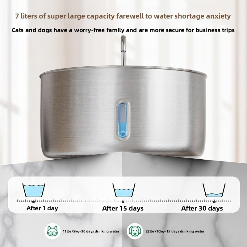 FT007 7L Pet Water Fountain with Stainless-Steel-Marked Basin, Central Faucet Outlet and Water Window